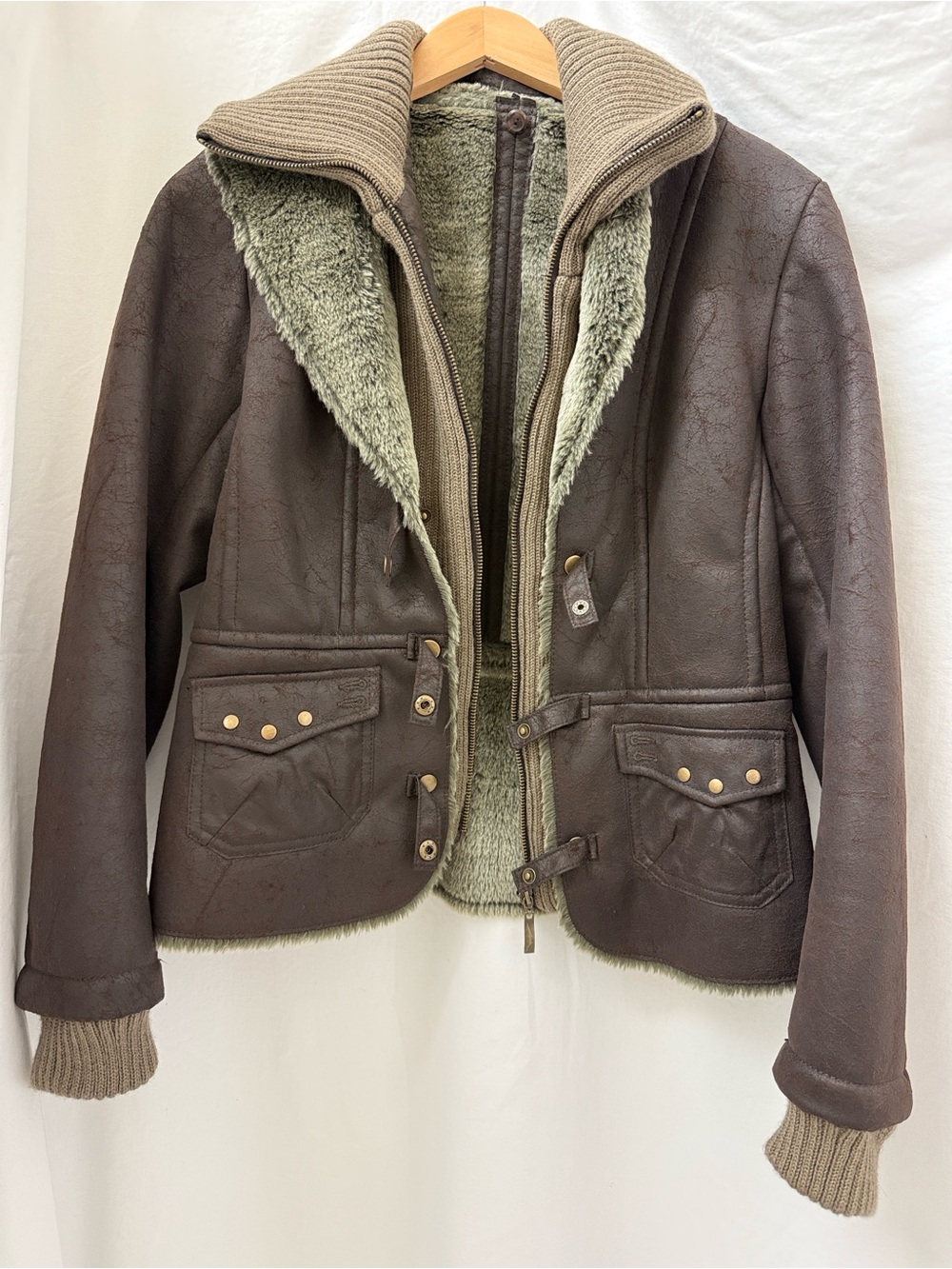 Women's Brown Faux-Shearling Jacket with Knit Collar